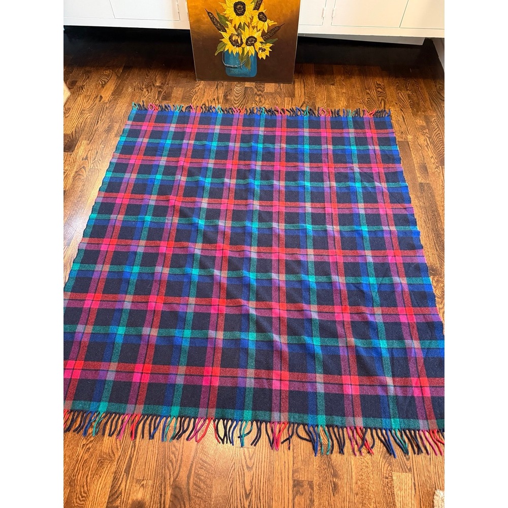 Plaid wool fringed throw